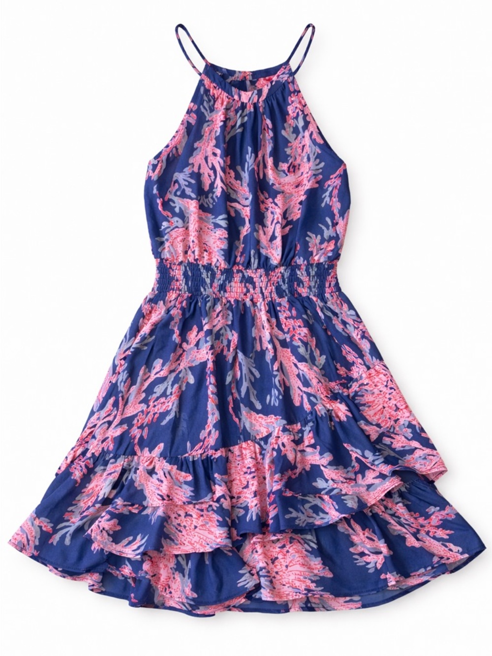 Lilly Pulitzer Coral Print Halter Dress Blue Pink Tiered Ruffle 6